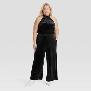 Women's Velvet Jumpsuit Halter Neckline Side Pocket - A New Day Black L